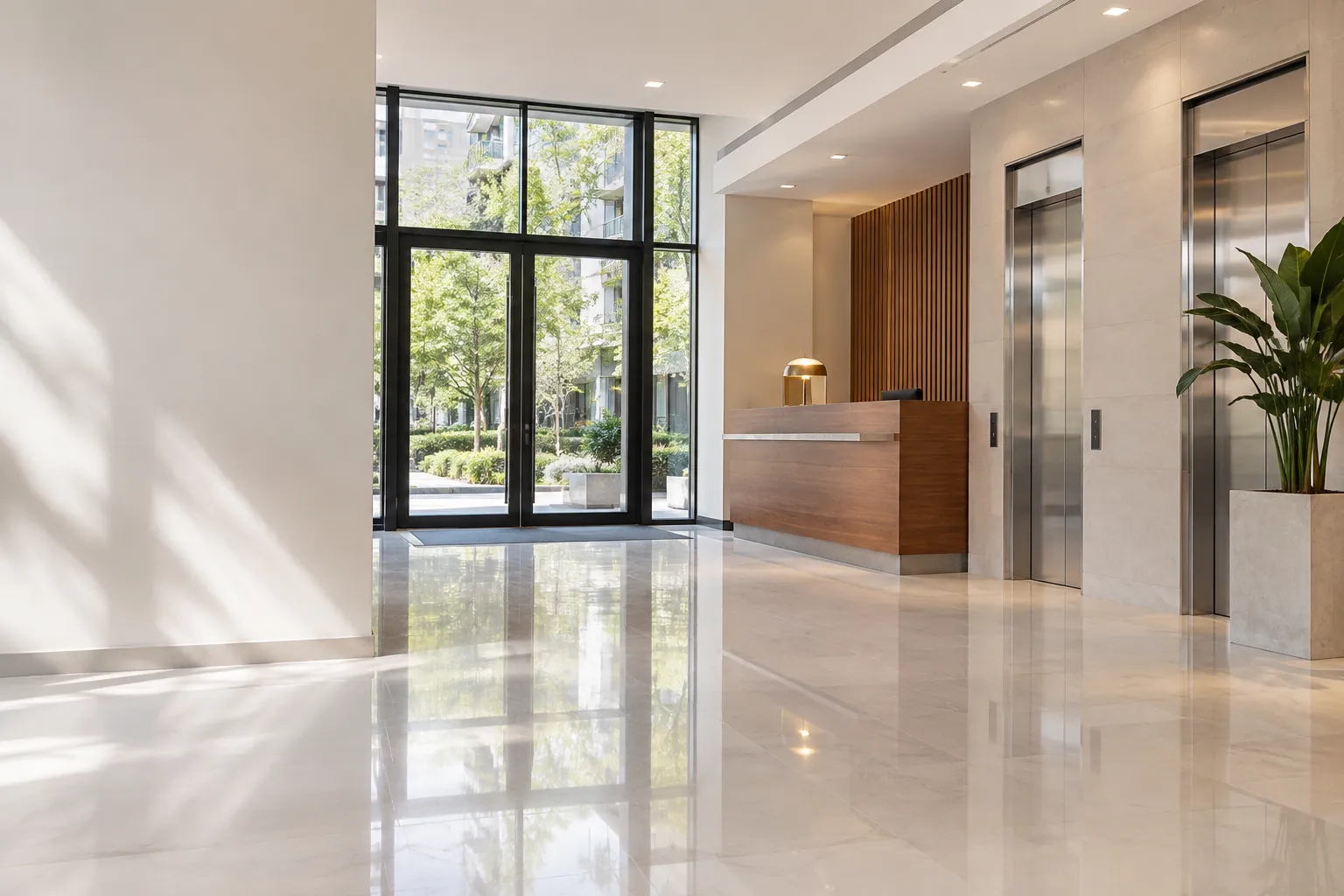 Hall de acceso de un edificio residencial, con piso de porcelanato brillante, conserjería de madera y ascensores de acero